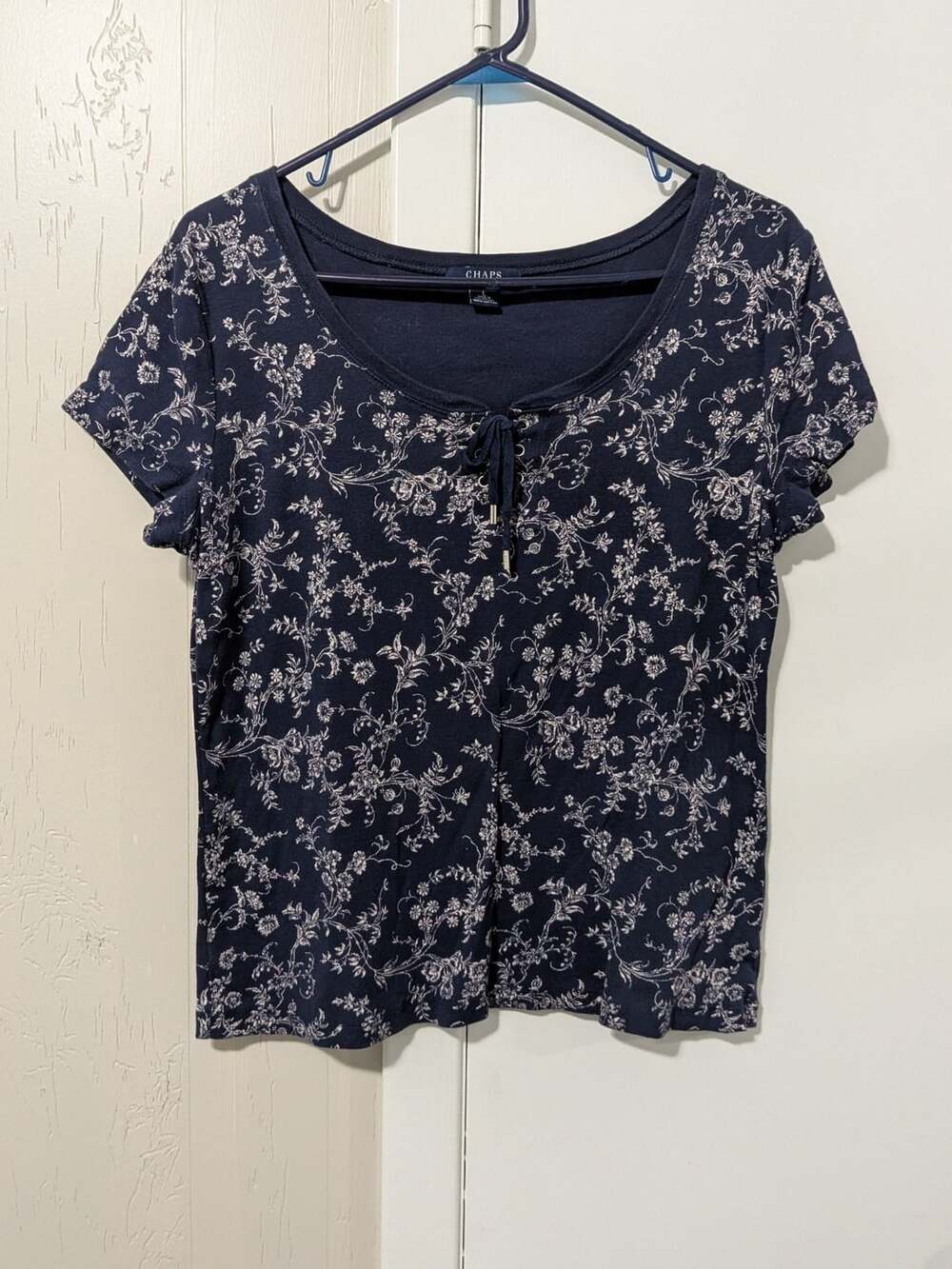 Chaps Floral Tie-Front T-Shirt Size L Navy Blue Cotton Top
